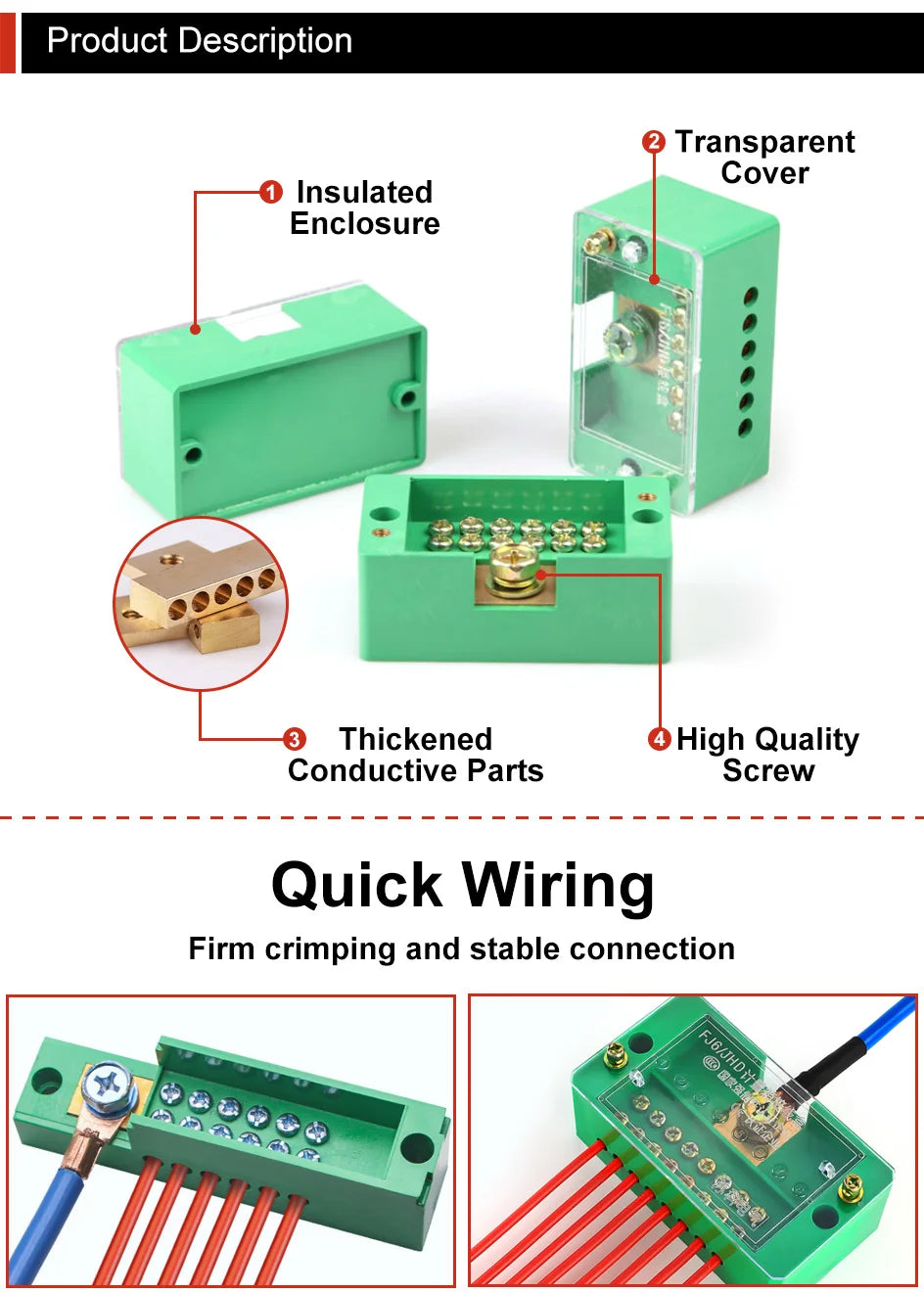 FJ6/JHD Junction Box Unipolar Splitter 1-IN Multiple-OUT Metering Wire Connector Single-Phase Terminal Block Distribution Box