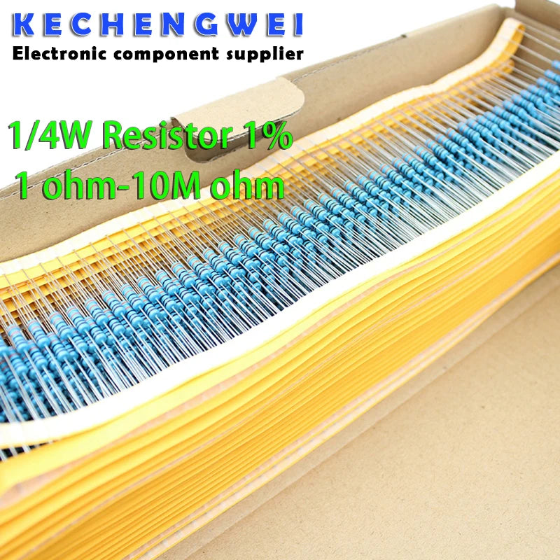 100pcs 1/4W 1R~22M 1% Metal film resistor 100R 220R 1K 1.5K 2.2K 4.7K 10K 22K 47K 100K 100 220 1K5 2K2 4K7 ohm resistance