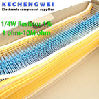 100pcs 1/4W 1R~22M 1% Metal film resistor 100R 220R 1K 1.5K 2.2K 4.7K 10K 22K 47K 100K 100 220 1K5 2K2 4K7 ohm resistance