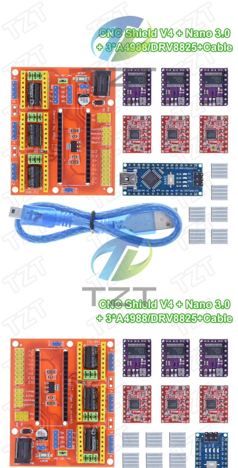 TZT 1SET 3DV4 CNC Shield V4 + Nano 3.0 + 3pcs DRV8825 or A4988  Reprap Stepper Drivers Set For  Arduino