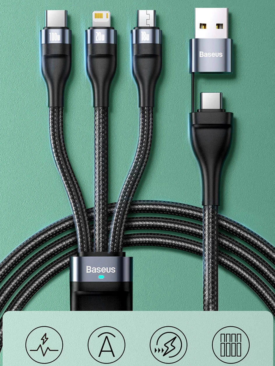 Baseus 3 in 1 USB Type C Cable for iPhone 15 14 13 12 Pro Charger Cable 100W Micro USB Type C Cable for Macbook Samsung Xiaomi