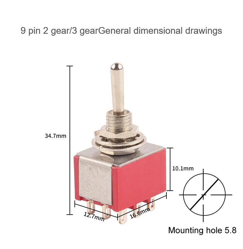 5PCS 6mm Miniature Toggle Switch MTS 102/103/202/203/302/304/402/403 ON-OFF-ON 5A125V 2A250V 3/6/9/12 Pin Mounting Equipment