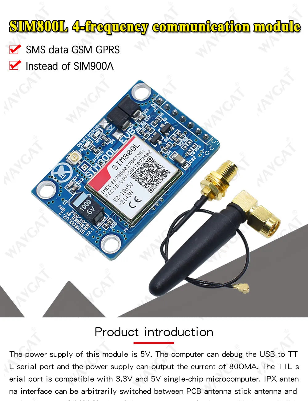 WAVGAT SIM800L V2.0 5V Wireless GSM GPRS MODULE Quad-Band W/ Antenna Cable Cap