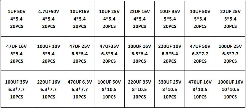 1UF~1000UF 6.3V-50V 400Pcs 24Value SMD Aluminum Electrolytic Capacitors Assortment Kit + Box