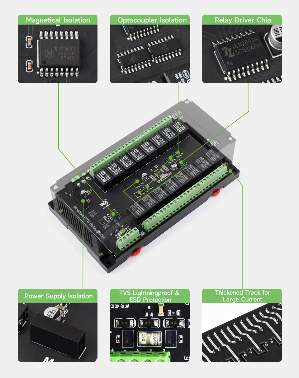 Waveshare Modbus RTU Relay 16CH,RS485 Interface, With Multiple Isolation Protection Circuits