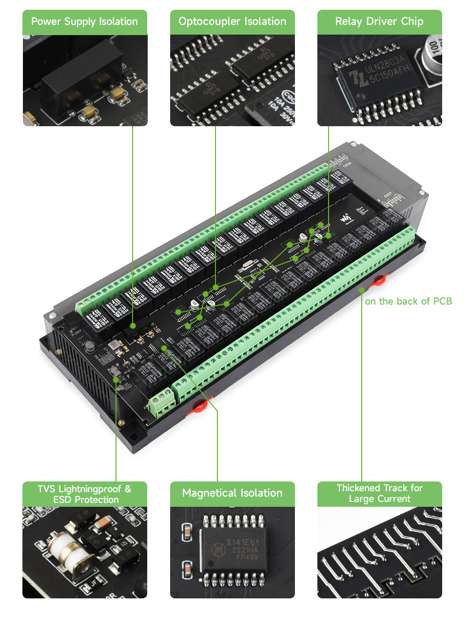 Modbus RTU 32-Ch Relay Module, RS485 Interface, With Multiple Isolation Protection Circuits, Industrial-Grade, Rail-Mount Case