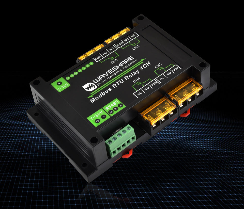 Waveshare Modbus RTU Relay 4CH,Industrial Modbus RTU 4-ch Relay Module with RS485 Interface,30A High Current,Onboard LED Indicat