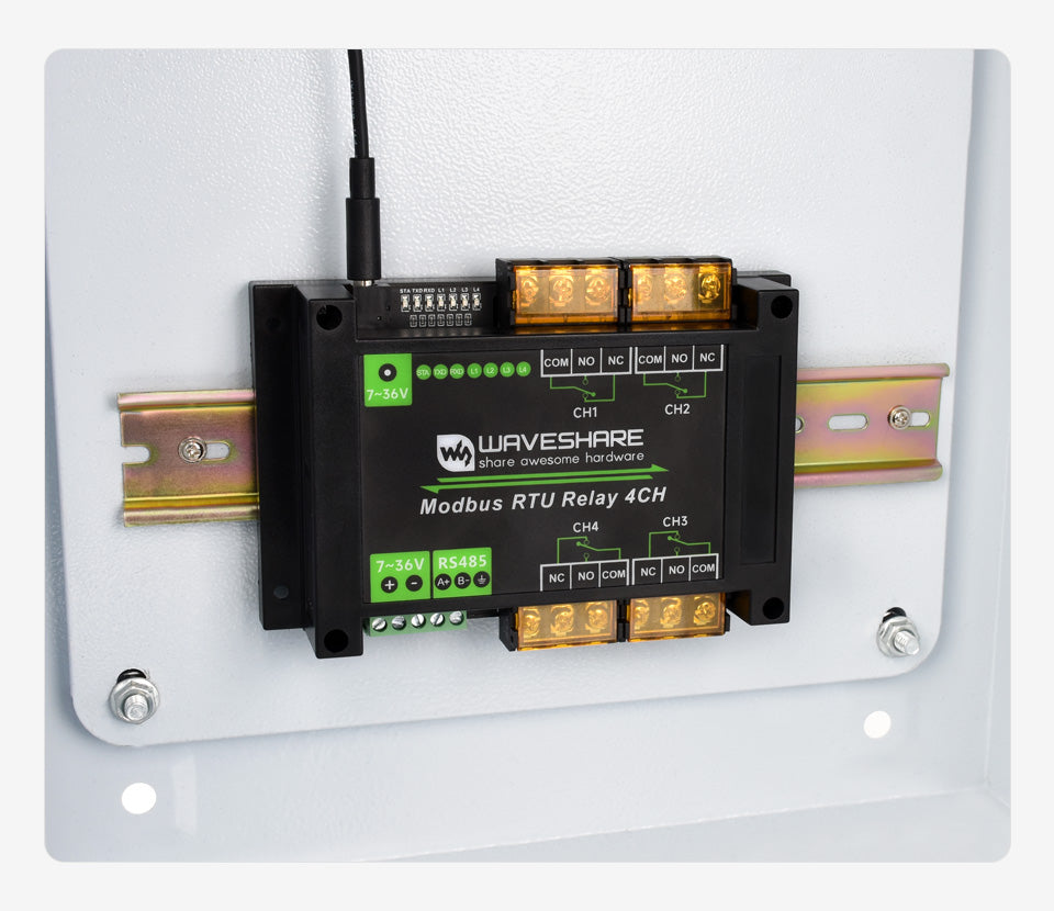 Waveshare Modbus RTU Relay 4CH,Industrial Modbus RTU 4-ch Relay Module with RS485 Interface,30A High Current,Onboard LED Indicat