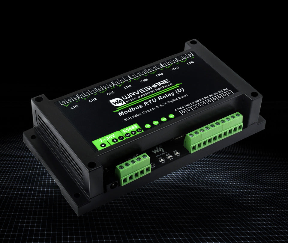 Waveshare Modbus RTU Relay (D),With Digital Input and RS485 Interface, Multi Isolation Protection Circuits, 7~36V Power Supply