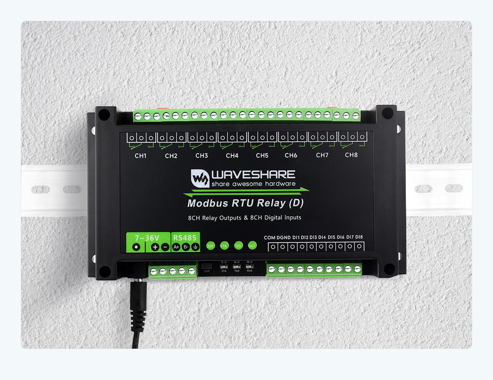 Waveshare Modbus RTU Relay (D),With Digital Input and RS485 Interface, Multi Isolation Protection Circuits, 7~36V Power Supply