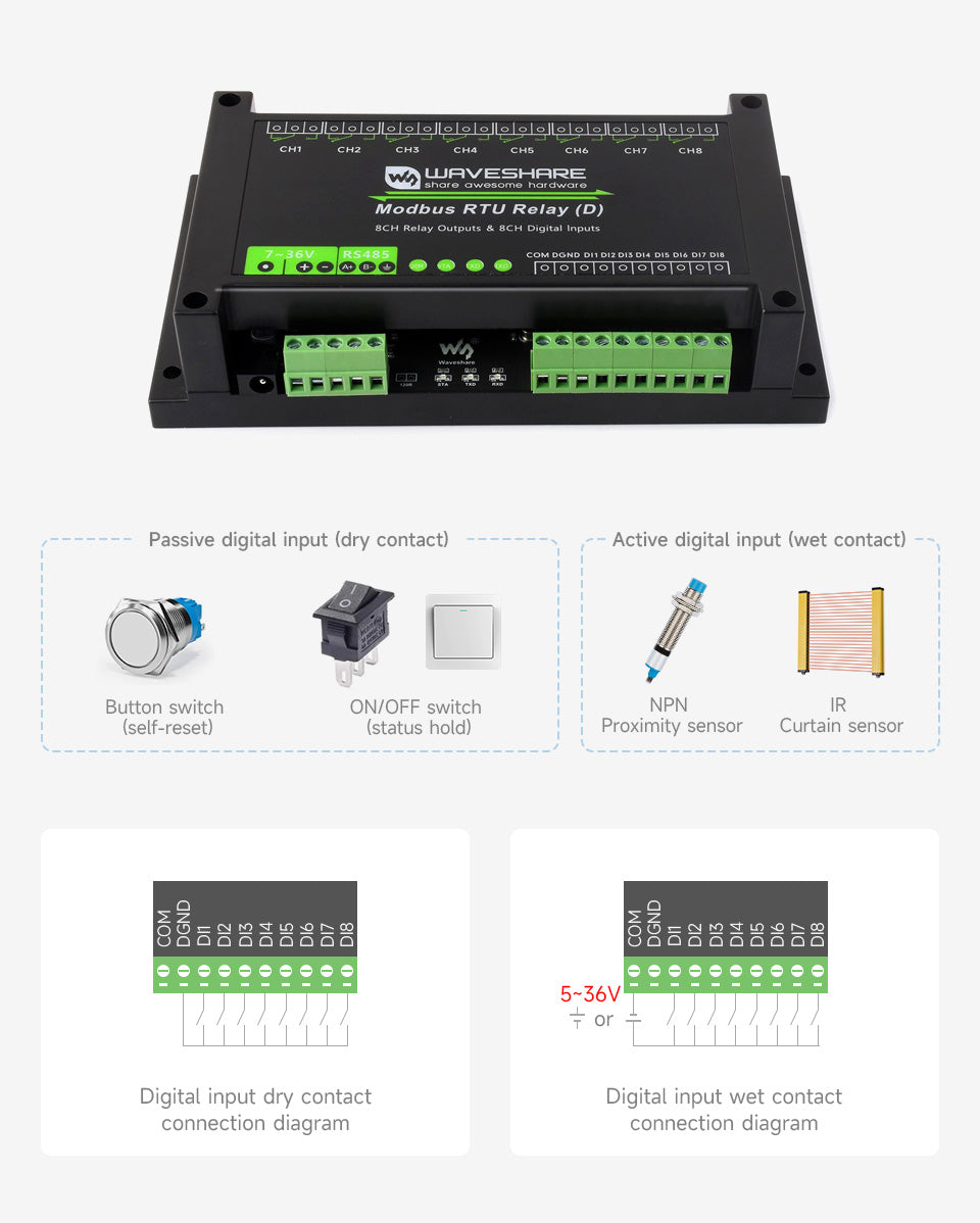 Waveshare Modbus RTU Relay (D),With Digital Input and RS485 Interface, Multi Isolation Protection Circuits, 7~36V Power Supply