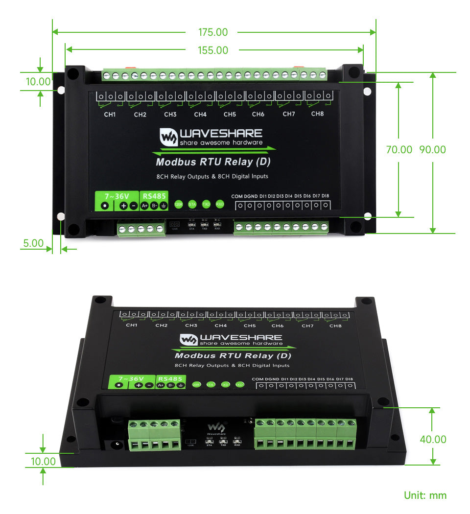 Waveshare Modbus RTU Relay (D),With Digital Input and RS485 Interface, Multi Isolation Protection Circuits, 7~36V Power Supply