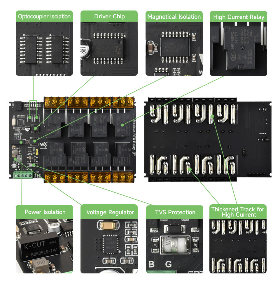 Waveshare Modbus RTU Relay (E),Industrial Modbus RTU 8-ch Relay Module (E) with RS485 Interface,30A High Current,Multi Isolation