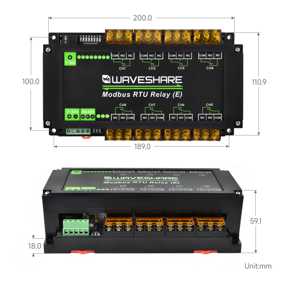 Waveshare Modbus RTU Relay (E),Industrial Modbus RTU 8-ch Relay Module (E) with RS485 Interface,30A High Current,Multi Isolation