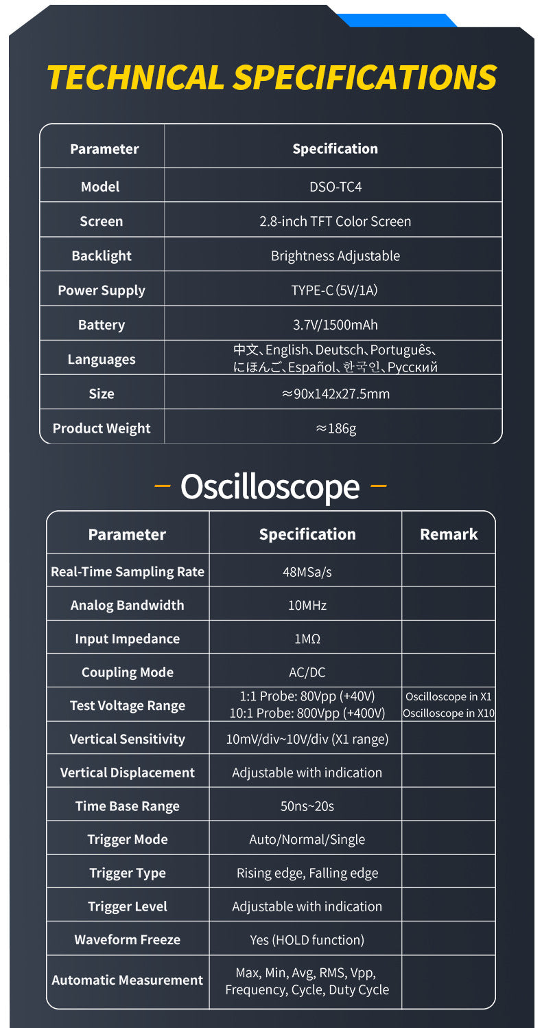 FNIRSI DSO-TC4/DSO-TC3 Digital Oscilloscope Transistor Tester 10MHz 48Ms/s Electronic Component Measurement Tool W/ USB Charger