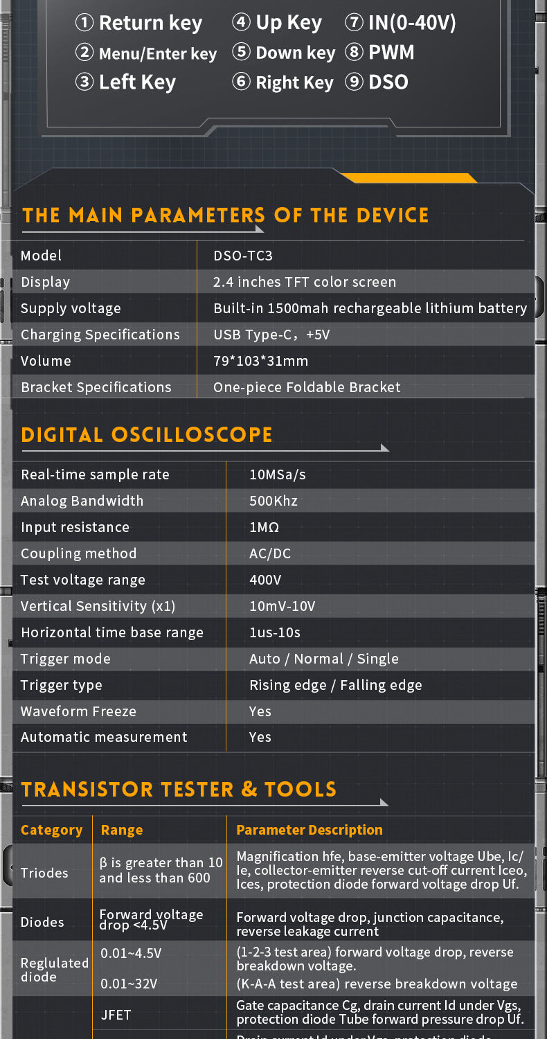 FNIRSI DSO-TC4/DSO-TC3 Digital Oscilloscope Transistor Tester 10MHz 48Ms/s Electronic Component Measurement Tool W/ USB Charger