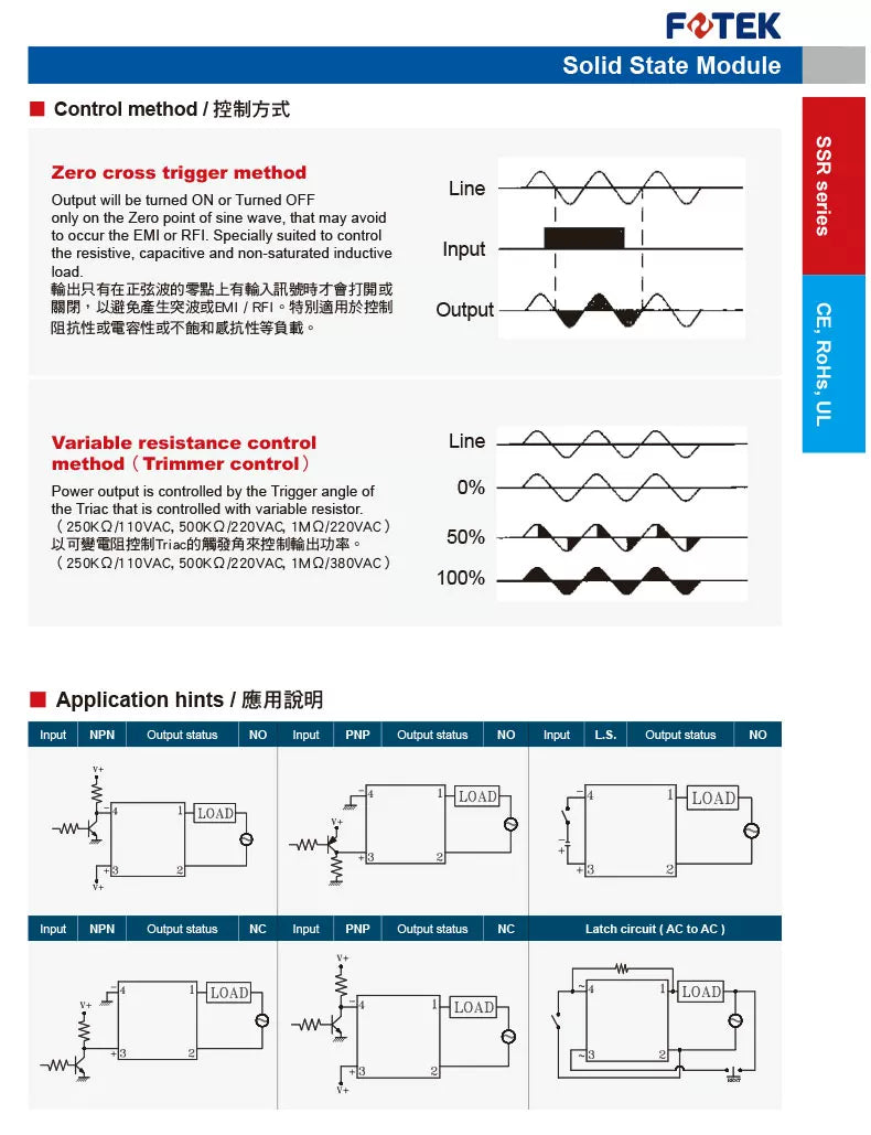 100%New Original For FOTEK single-phase solid-state relay SSR-40AA /10DD/40VA/20DA SSR 10/20/40/50/75 AA/DD/VA/DA HS-50H ES-50K