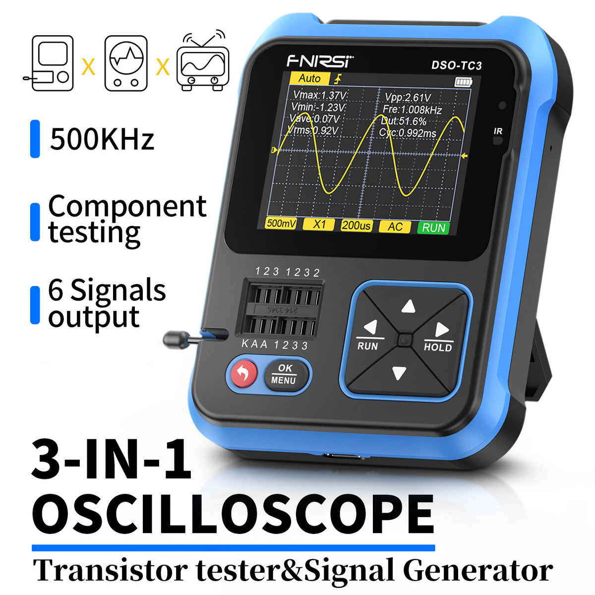 FNIRSI DSO-TC4/DSO-TC3 Digital Oscilloscope Transistor Tester 10MHz 48Ms/s Electronic Component Measurement Tool W/ USB Charger