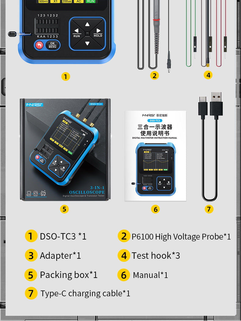 FNIRSI DSO-TC4/DSO-TC3 Digital Oscilloscope Transistor Tester 10MHz 48Ms/s Electronic Component Measurement Tool W/ USB Charger