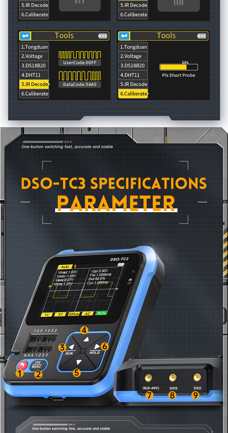 FNIRSI DSO-TC4/DSO-TC3 Digital Oscilloscope Transistor Tester 10MHz 48Ms/s Electronic Component Measurement Tool W/ USB Charger
