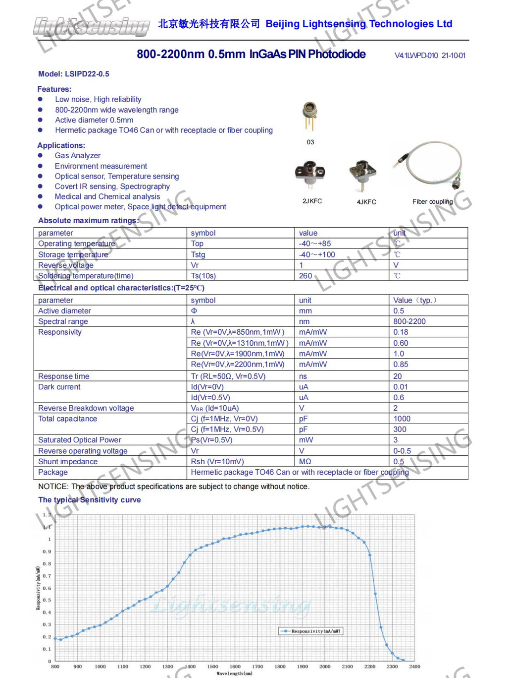 LSIPD22 High Sensitivity Photodiode 800-2200nm Infrared Photodetector Module