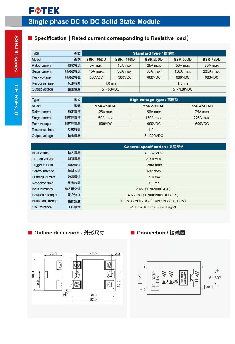 100%New Original For FOTEK single-phase solid-state relay SSR-40AA /10DD/40VA/20DA SSR 10/20/40/50/75 AA/DD/VA/DA HS-50H ES-50K