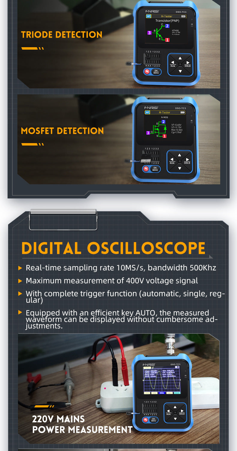FNIRSI DSO-TC4/DSO-TC3 Digital Oscilloscope Transistor Tester 10MHz 48Ms/s Electronic Component Measurement Tool W/ USB Charger