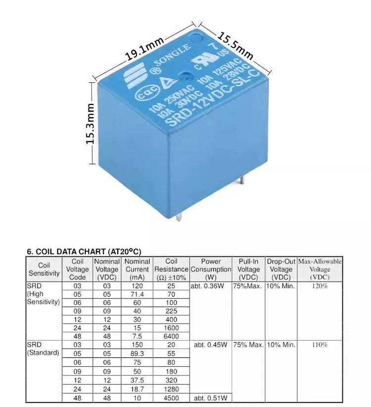 5PCS Relay SRD-03VDC-SL-C SRD-05VDC-SL-C SRD-24VDC-SL-C SRD-12VDC-SL-C 3V 5V 6V 9V 12V 24V 48V 10A 250VAC 5PIN Relays Relais