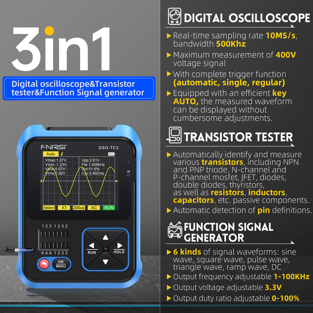 FNIRSI DSO-TC4/DSO-TC3 Digital Oscilloscope Transistor Tester 10MHz 48Ms/s Electronic Component Measurement Tool W/ USB Charger
