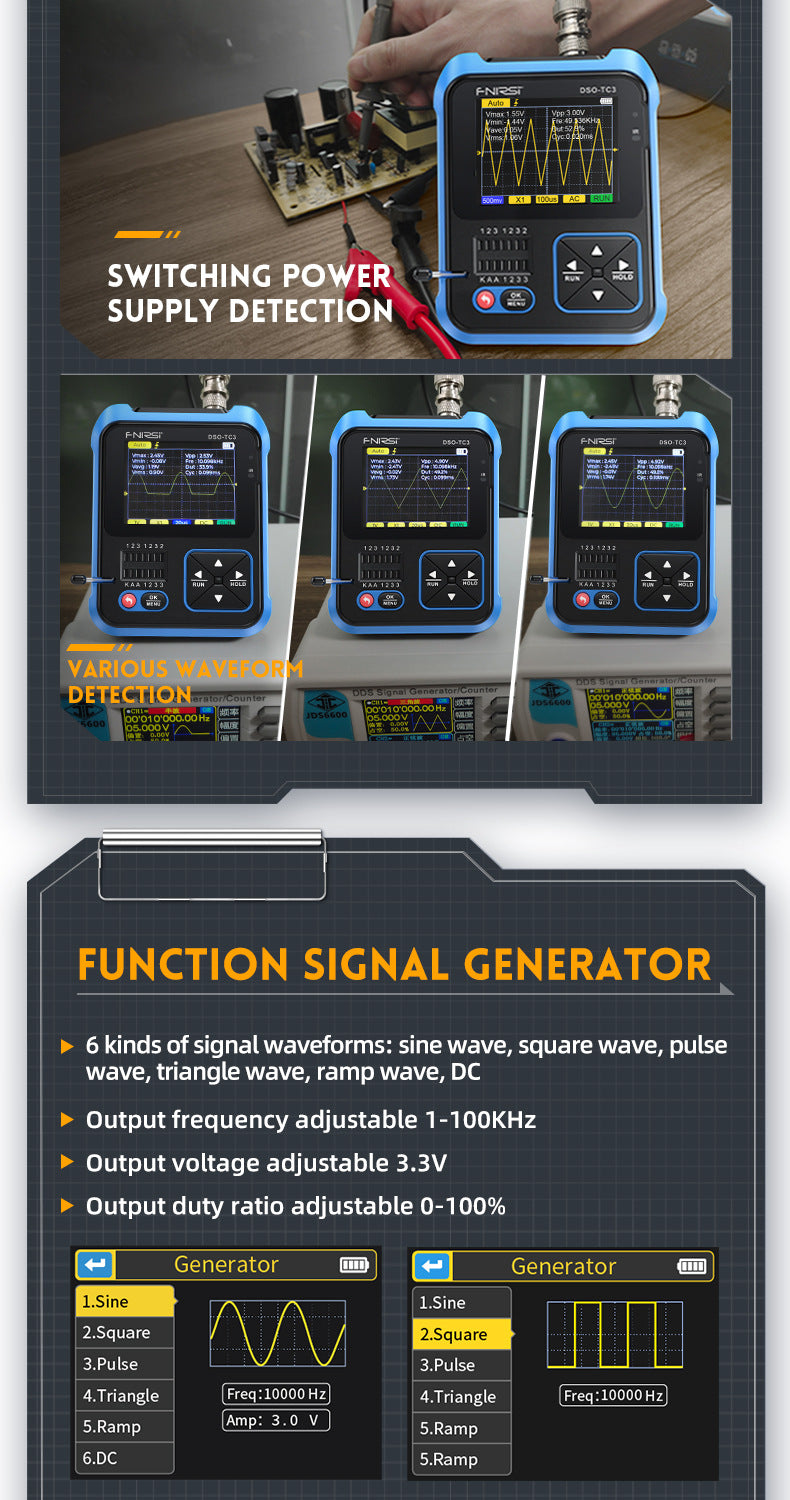 FNIRSI DSO-TC4/DSO-TC3 Digital Oscilloscope Transistor Tester 10MHz 48Ms/s Electronic Component Measurement Tool W/ USB Charger