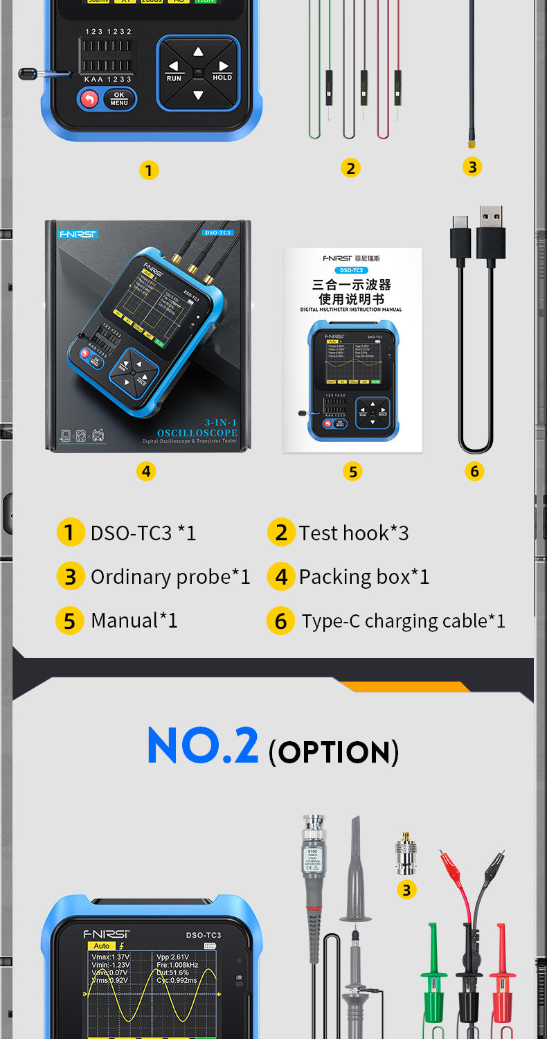 FNIRSI DSO-TC4/DSO-TC3 Digital Oscilloscope Transistor Tester 10MHz 48Ms/s Electronic Component Measurement Tool W/ USB Charger