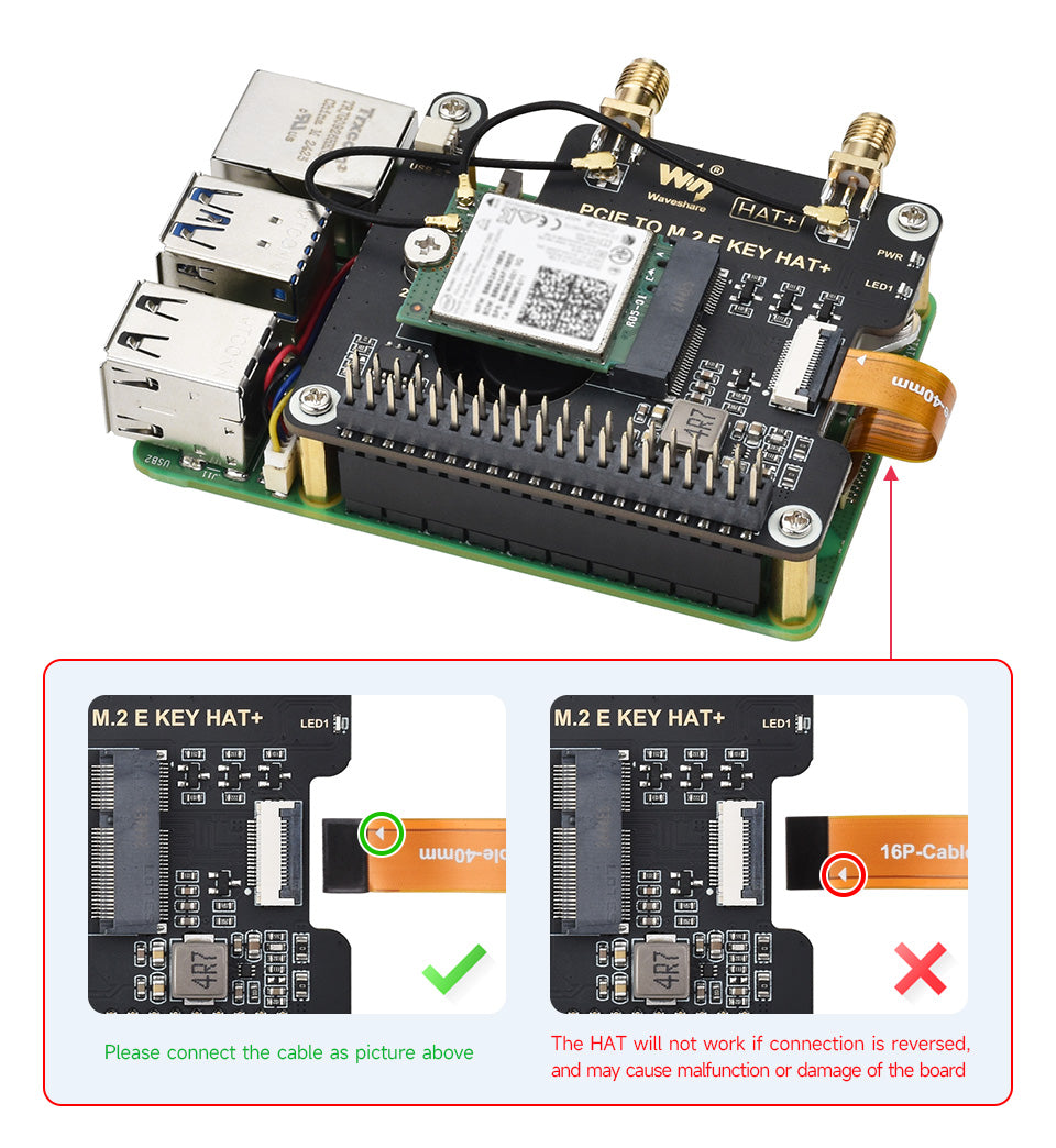 Waveshare PCIe To M.2 E KEY HAT for Raspberry Pi 5, Compatible With NGFF (M.2 E Key) Wireless NIC, Raspberry Pi 5 PCIe HAT