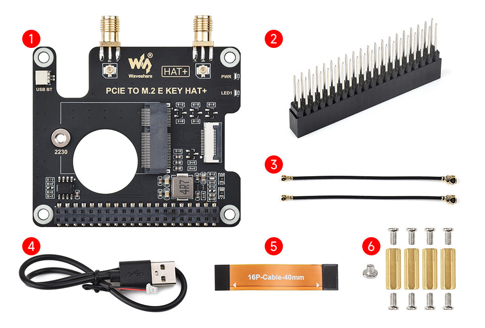 Waveshare PCIe To M.2 E KEY HAT for Raspberry Pi 5, Compatible With NGFF (M.2 E Key) Wireless NIC, Raspberry Pi 5 PCIe HAT