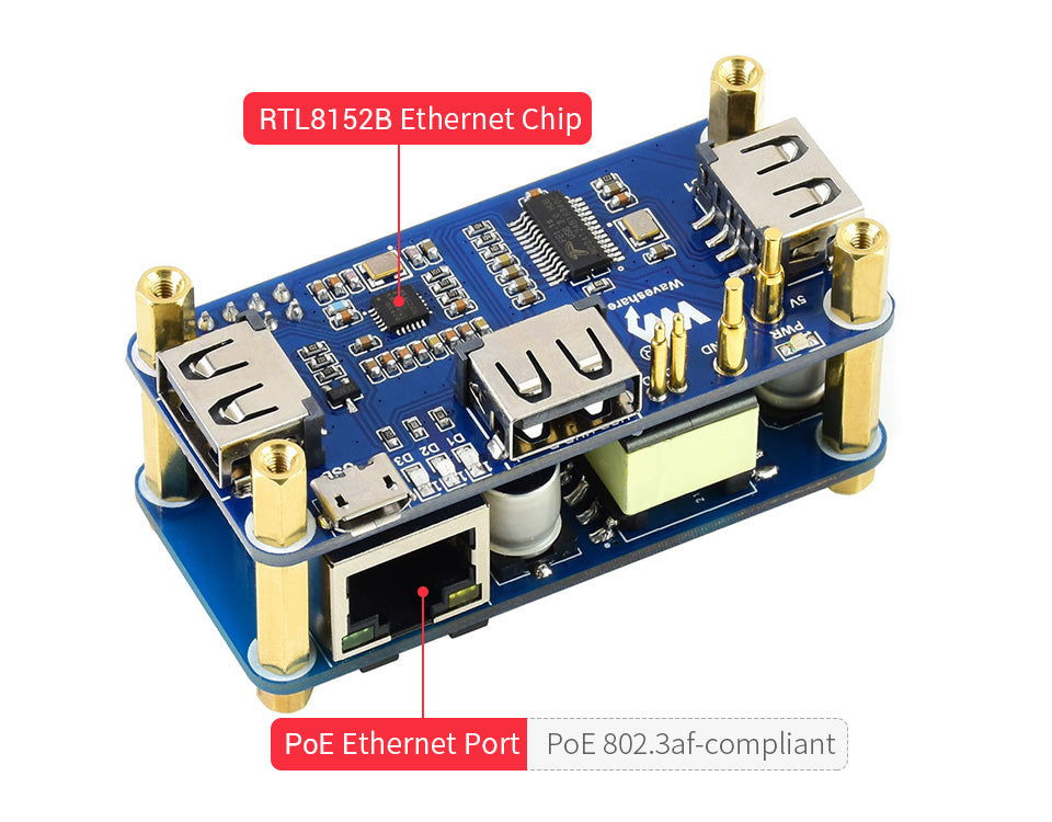 Raspberry Pi PoE Ethernet USB HUB HAT 3 X USB 2.0 Ports RJ45 802.3af RTL8152B Compatible for Raspberry Pi Zero W WH 1.3