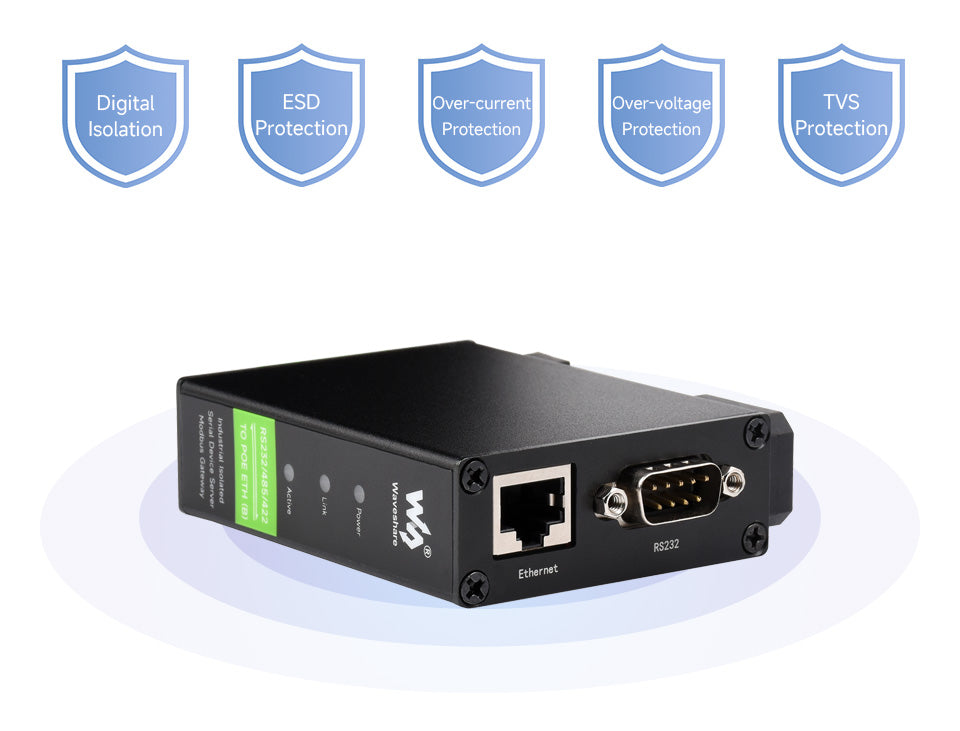 RS232/485/422 TO POE ETH (B) Waveshare Rail-Mount Serial Server,Ethernet Module, TCP/IP to serial, Function Optional