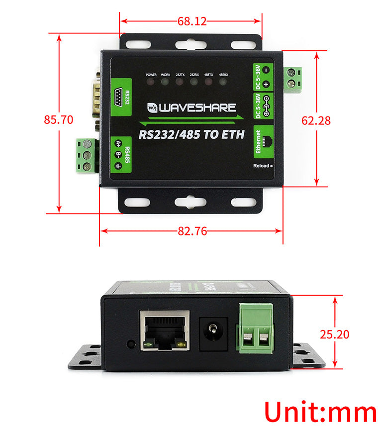 Industrial RS232/RS485 to ETH Ethernet Converter Dual Serial Ports Cortex-M4 Microcontroller Modbus Gateway Websocket Low Power
