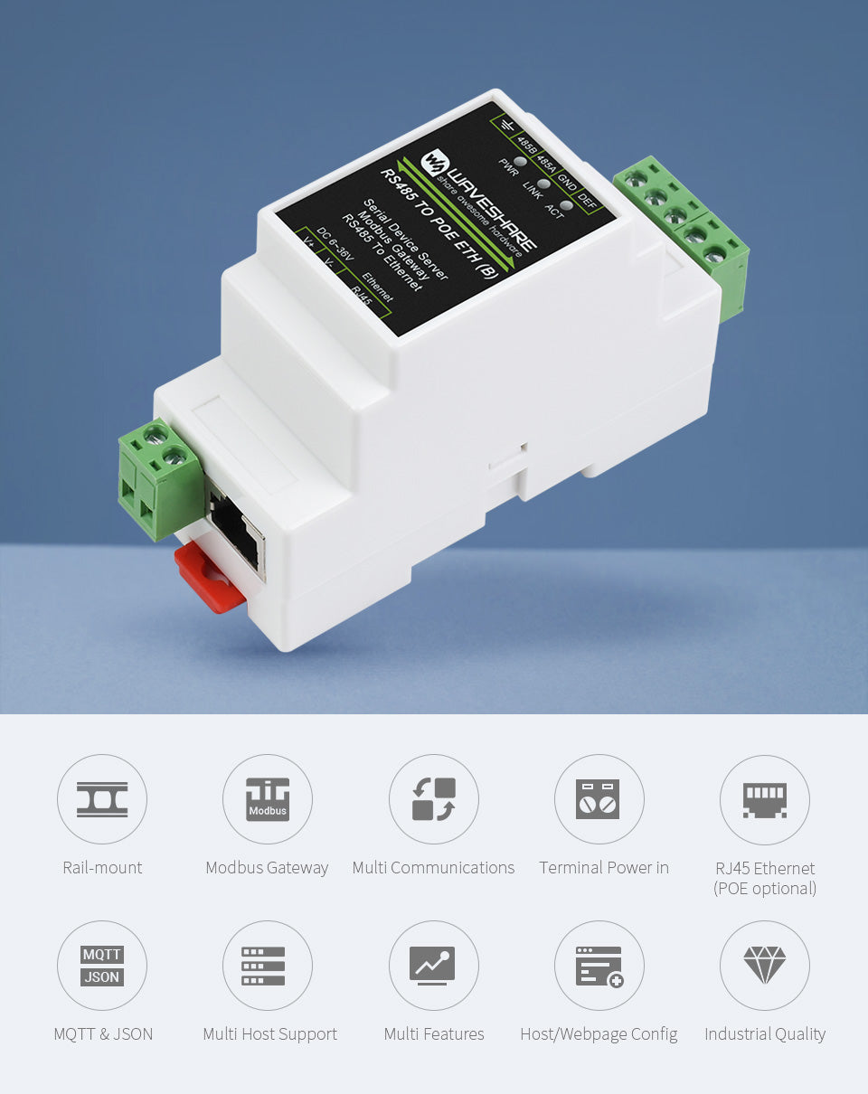Industrial serial server, RS485 to RJ45 Ethernet, TCP/IP to serial, rail-mount support, with POE function(optional)