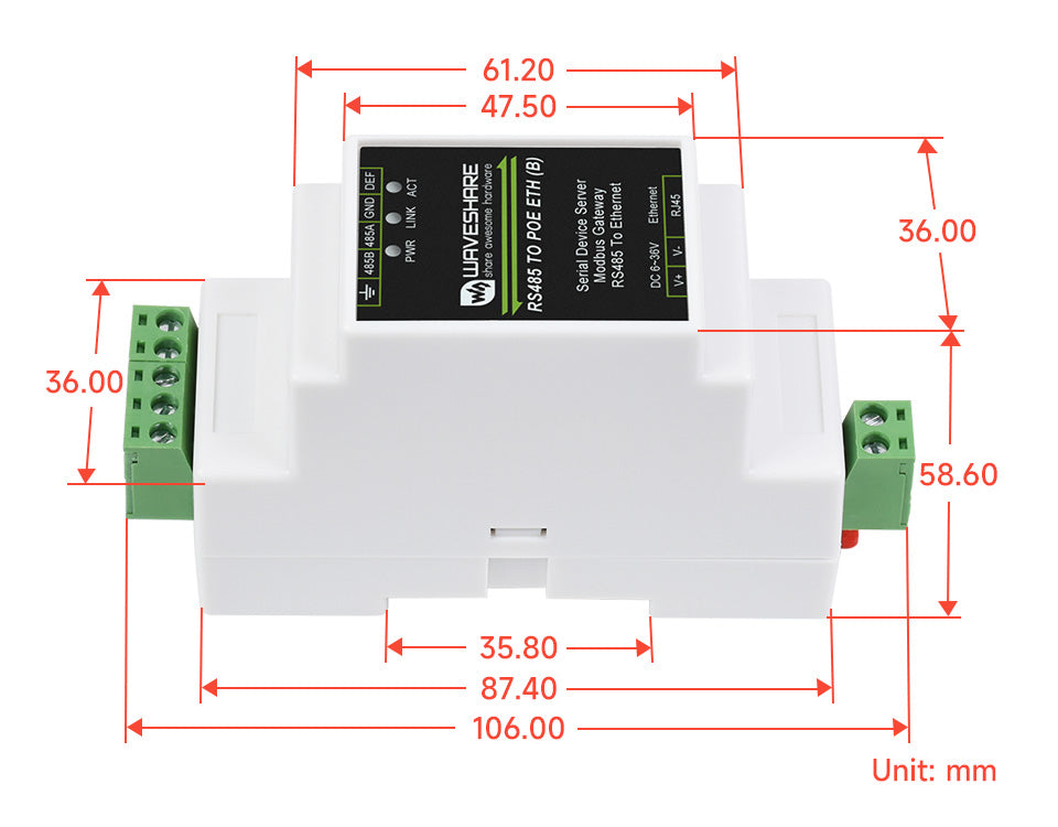 Industrial serial server, RS485 to RJ45 Ethernet, TCP/IP to serial, rail-mount support, with POE function(optional)