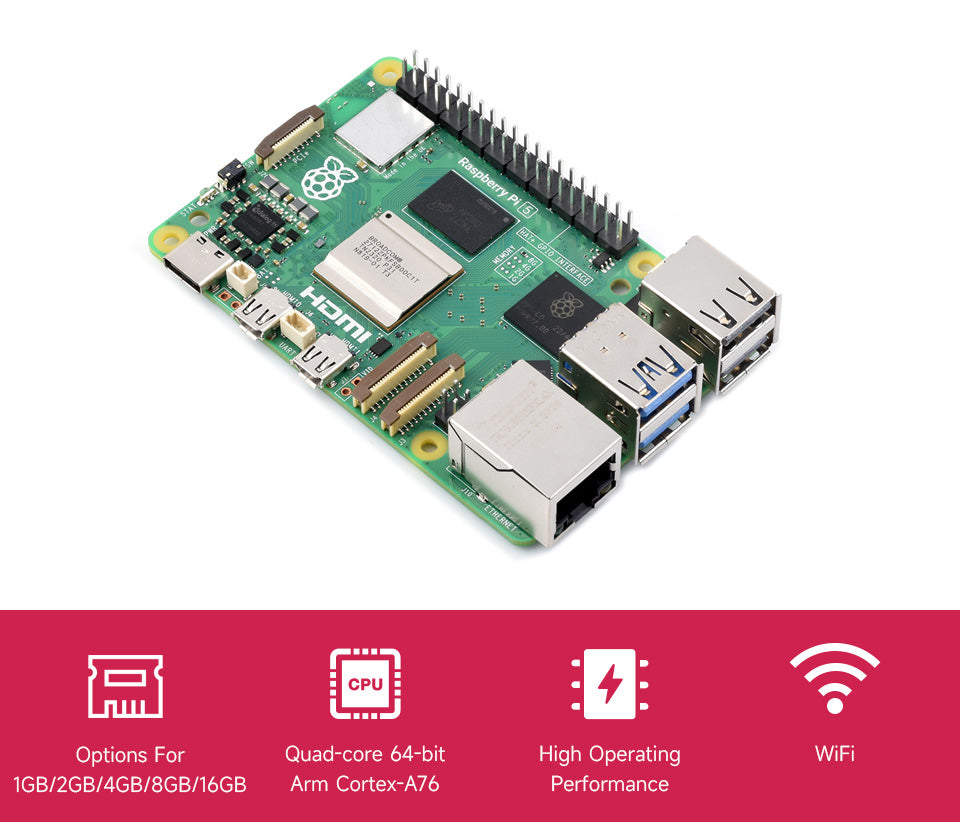 Raspberry Pi 5, Options for RAM, BCM2712 Processor, 2.4GHz Quad-Core 64-bit Arm Cortex-A76 CPU, Built Using RP1 I/O Controller D