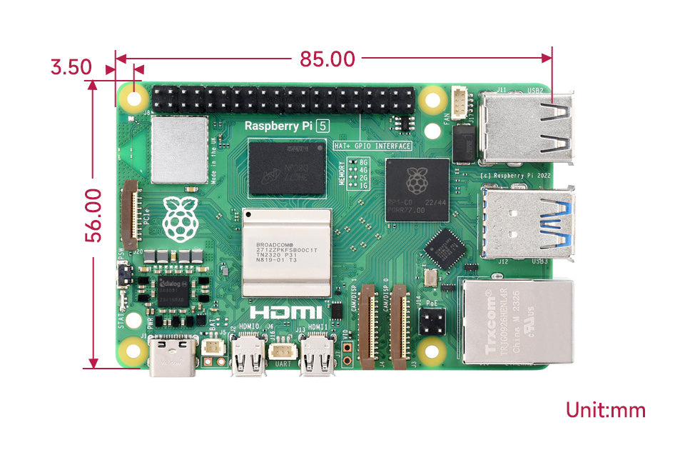Raspberry Pi 5, Options for RAM, BCM2712 Processor, 2.4GHz Quad-Core 64-bit Arm Cortex-A76 CPU, Built Using RP1 I/O Controller D