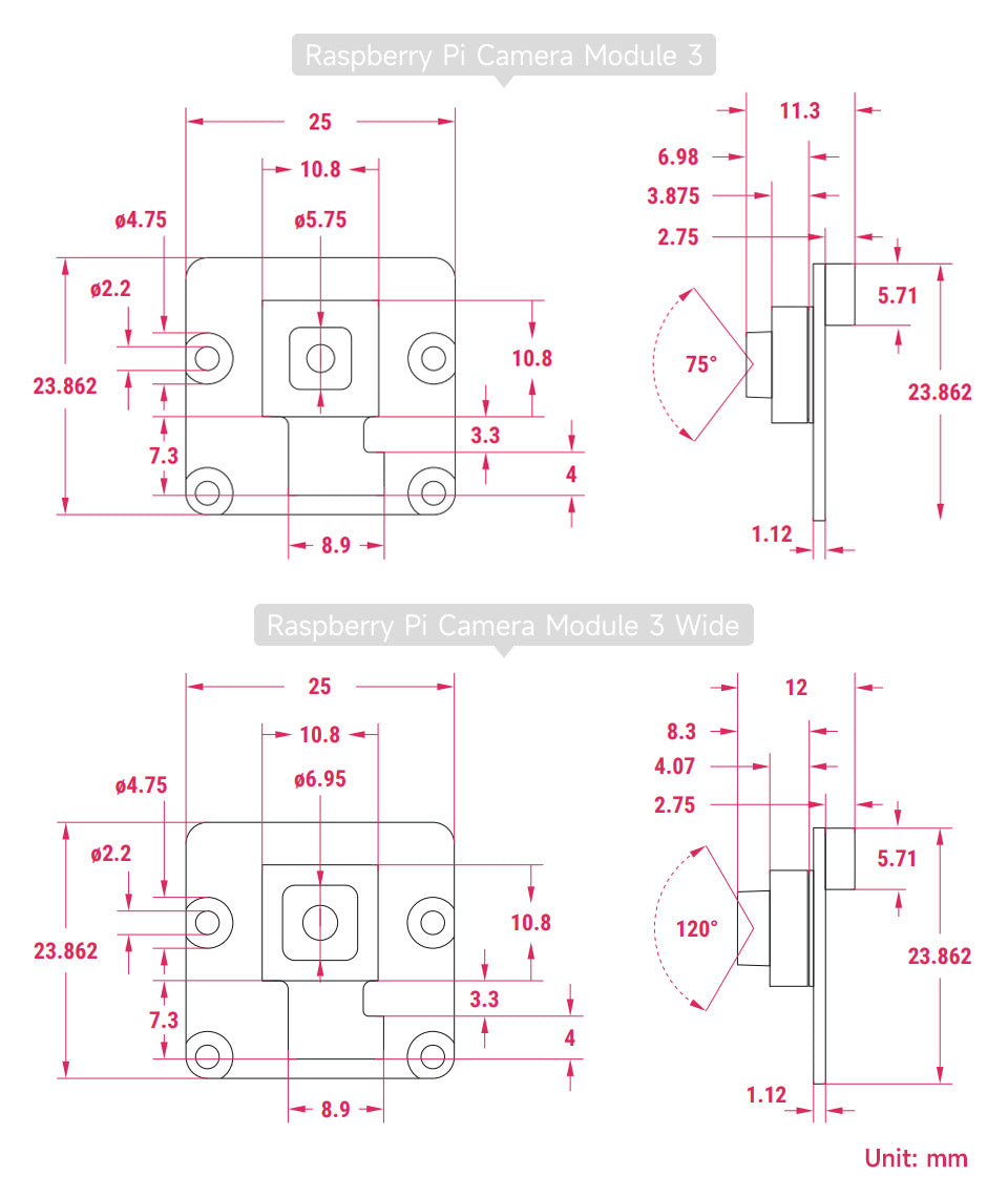 Raspberry Pi Camera Module 3 IMX708 Auto-Focus 75°/120° FOV Highly Detailed Optional Optional NoIR Version for Pi 4B 3B+ 3B