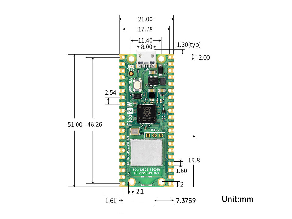 Raspberry Pi Pico 2 W Microcontroller Board, Based on Official RP2350 Chip, 2.4GHz 802.11n WIFI and Bluetooth 5.2