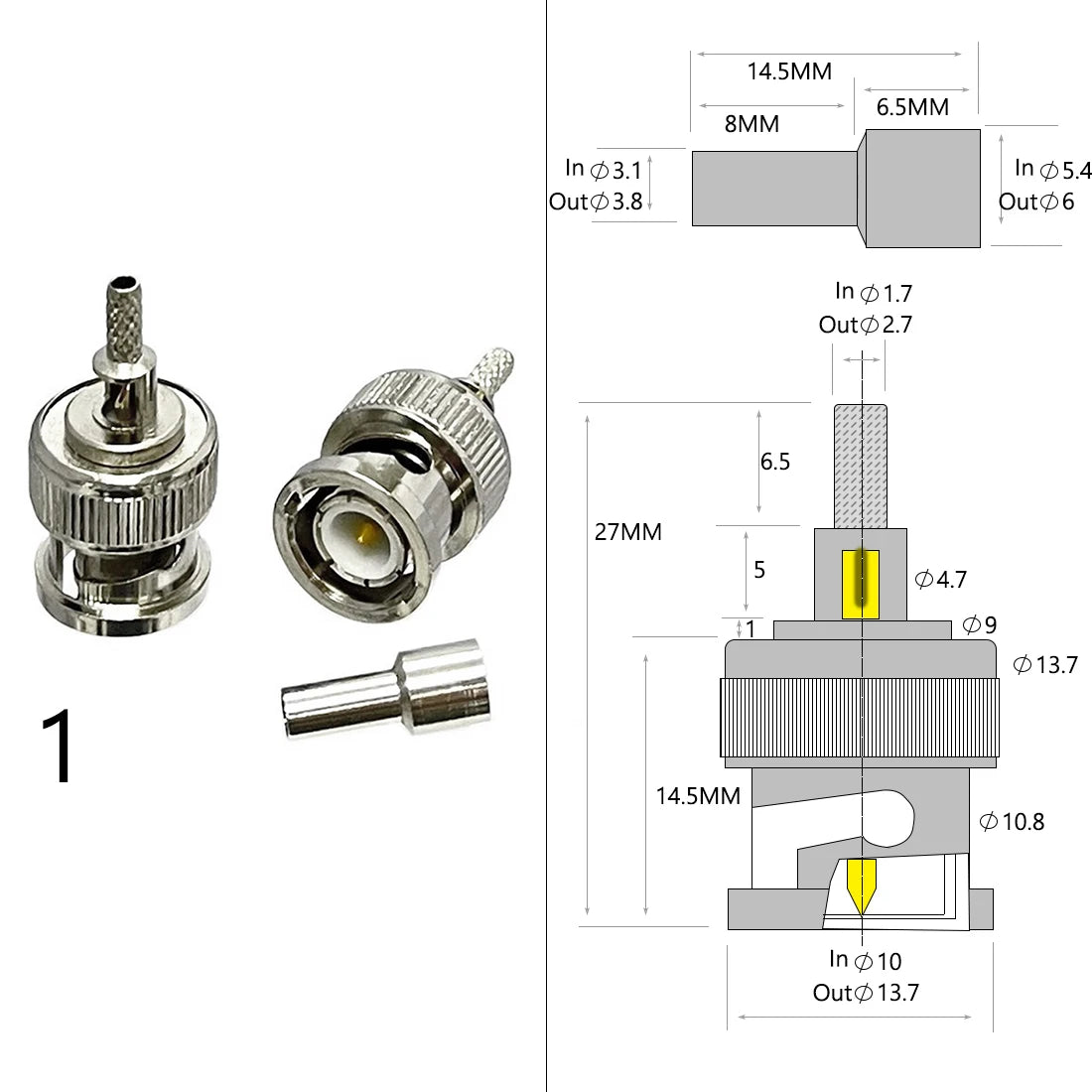 1-4PC BNC Male Female Plug Jack RF Coax Connector Crimp for RG316 RG174 RG58 RG142 Cable Copper Nickelplated With Drawing NEW