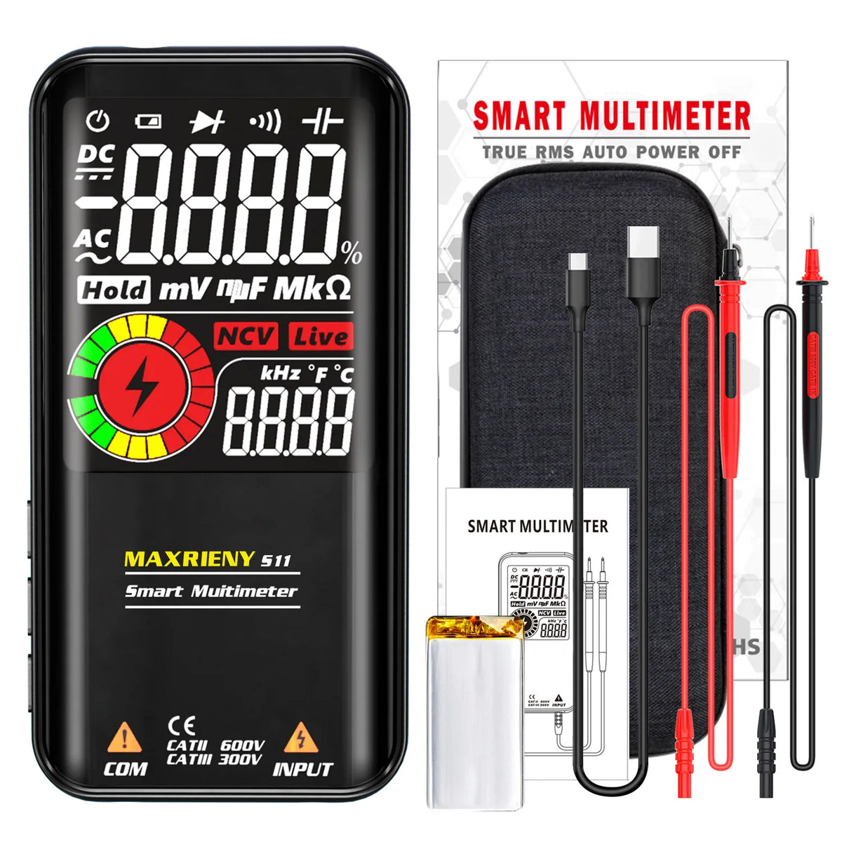 Smart Digital Multimeter USB Rechargeable True RMS EBTN DC AC Voltage Capacitance Ohm Diode NCV Hz Live WireTester