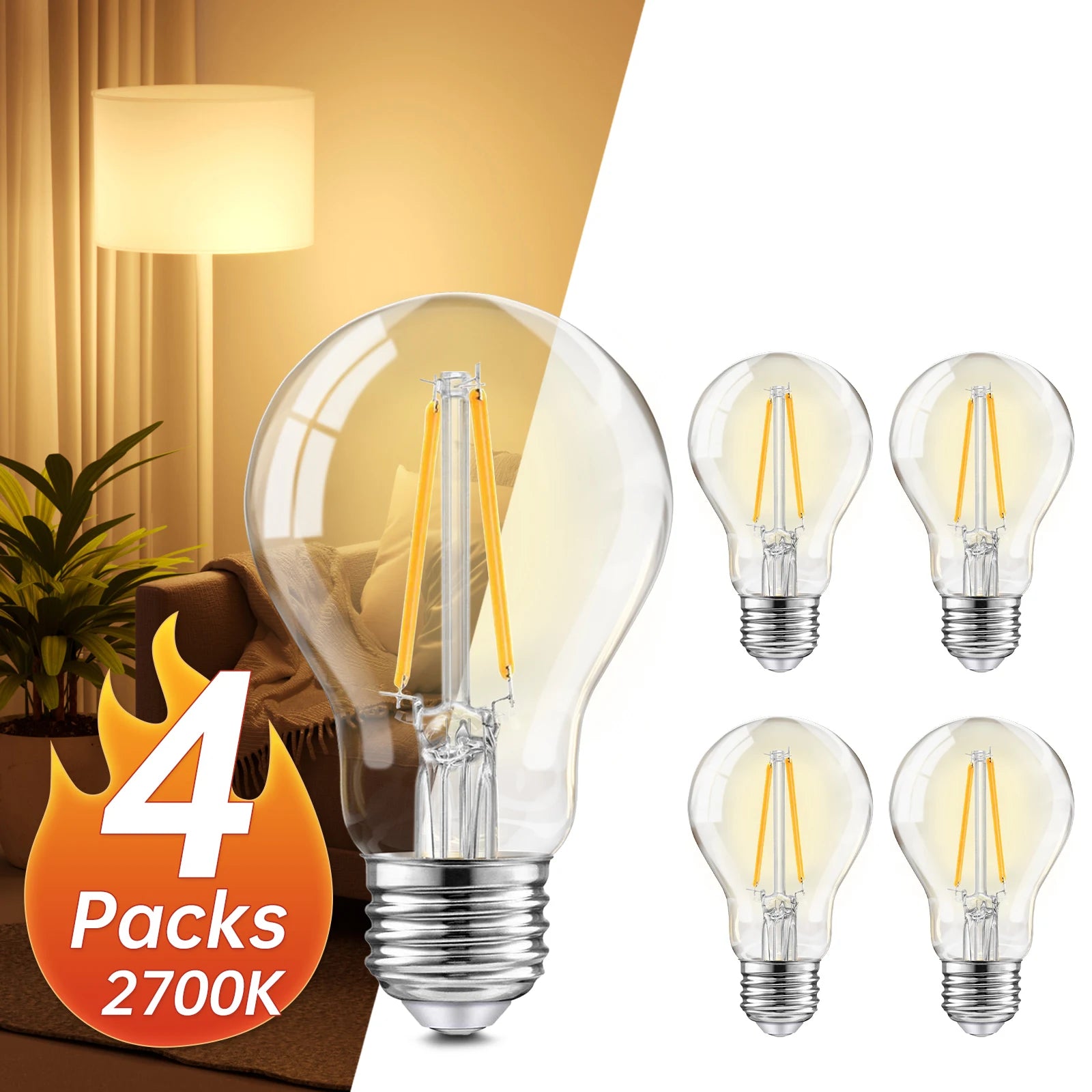 Vintage LED Filament Bulb , Edison Style Non-Dimmable, 2700K Amber Warm White A19 Bulb, Amber Glass, for Pendant Lights, Ceiling Lights, Restaurants, Cafe Home Decoration Lighting，4/6/12/24pack
