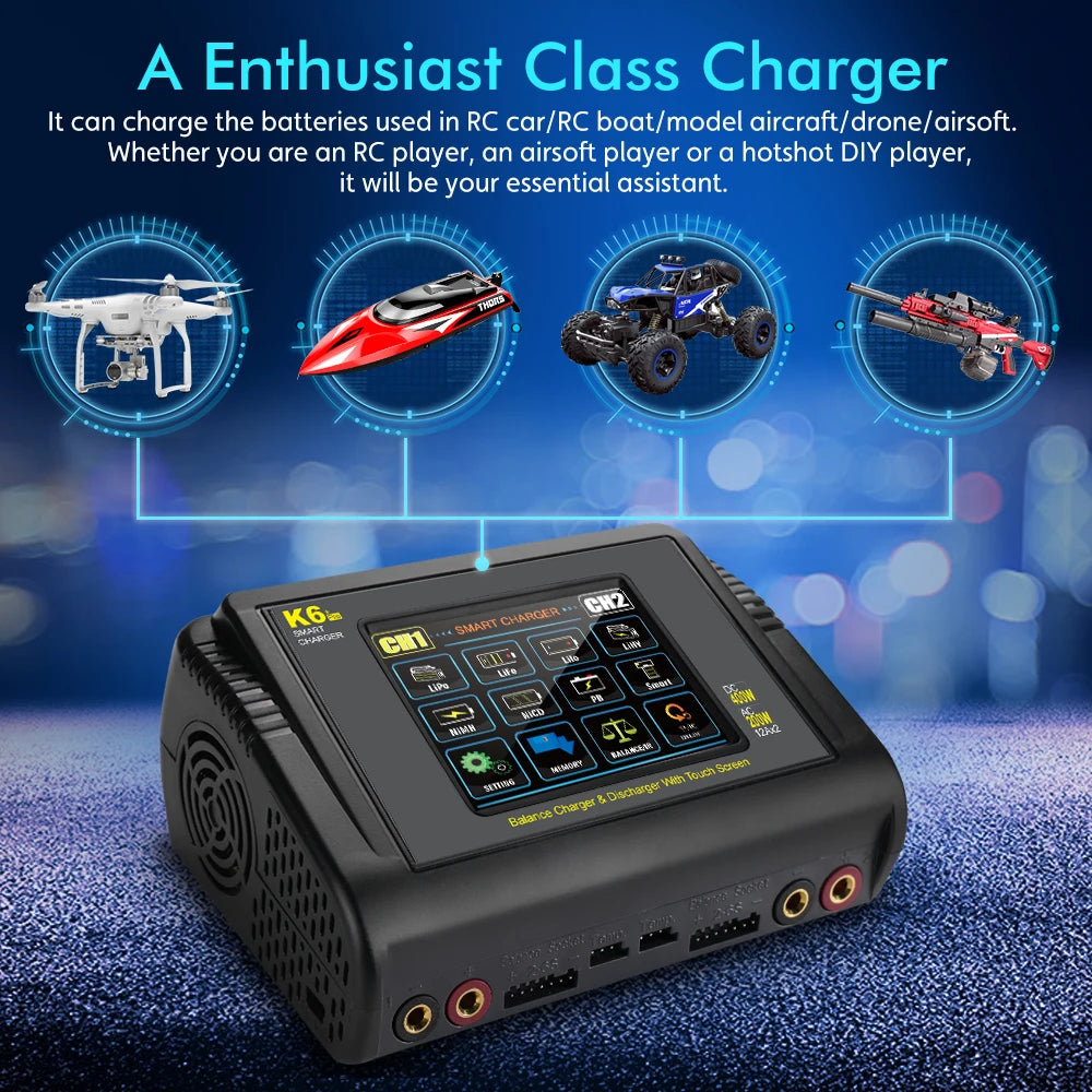 HTRC K6+ Lipo Battery Charger DC 400W AC 200W 12Ax2 RC Charger Balance Discharger For LiHV LiFe Li-lon NiCd NiMh Pb LiPo Batteri
