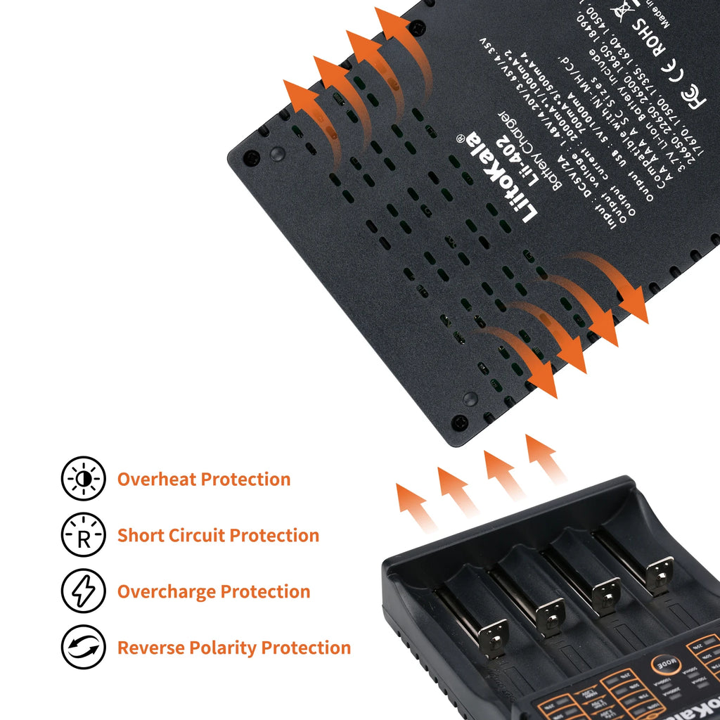 LiitoKala Lii-402 Universal Smart Battery Charger Compatible with Multiple Sizes Including 18650, 26650, 18500 Batteries