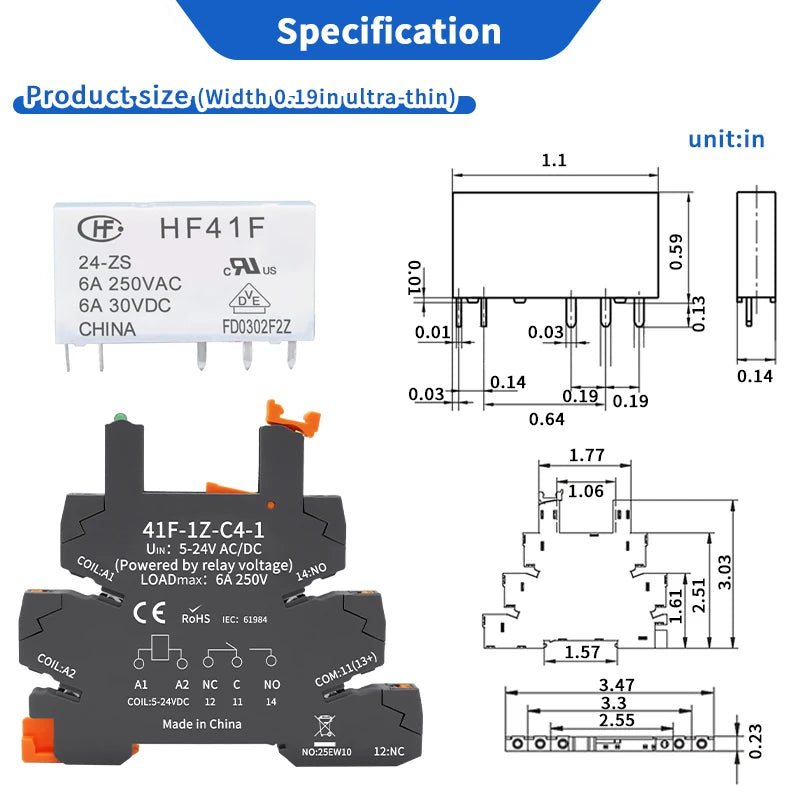 10pcs Slim Relay 5V 12V 24V DIN Rail Mounted Relay Moudle HF 41F SSR 30VDC 250VAC High Frequency Interface Relay With Led 6A