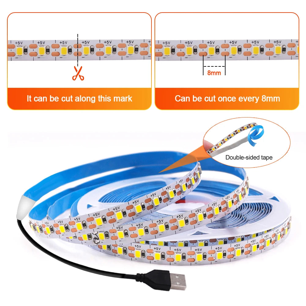 5V 2835 LED Strip Light 3mm 5mm 8mm PCB Width 120Leds/m Flexible LED Tape Ribbon Diode USB/2PIN Wire Led Lights for Room Decor