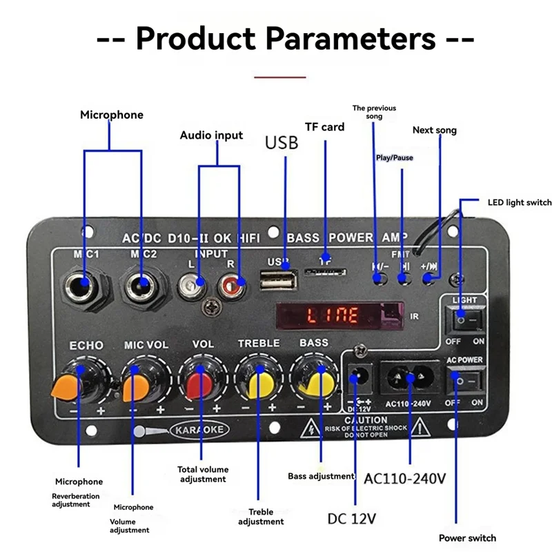 A73E-DC10-II 12V Home Karaoke Car Audio Subwoofer Amplifier Board Bluetooth With Display Outdoor US Plug